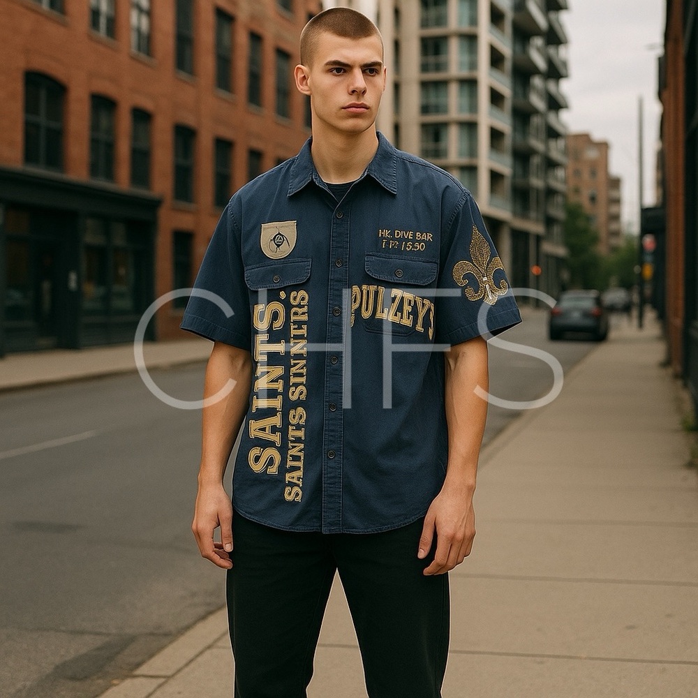 BULZEYE Saints and Sinners Button Front Military Mechanics Shirt Crystal XXL
